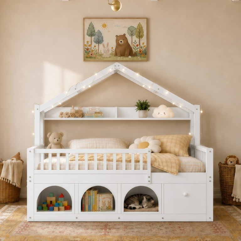 English Elm Full Montessori House Bed Pine Wood Frame with LED Lights Guardrails and Storage Cubbies White N733S435692K