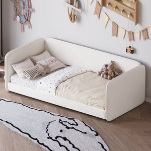 English Elm Twin Velvet Upholstered Floor Bed with Wraparound Rails and Padded Headboard N733S436927A