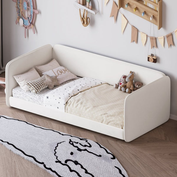 English Elm Twin Velvet Upholstered Floor Bed with Wraparound Rails and Padded Headboard N733S436927A