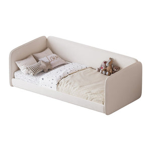 English Elm Twin Velvet Upholstered Floor Bed with Wraparound Rails and Padded Headboard N733S436927A