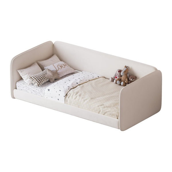 English Elm Twin Velvet Upholstered Floor Bed with Wraparound Rails and Padded Headboard N733S436927A