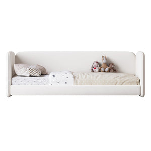 English Elm Twin Velvet Upholstered Floor Bed with Wraparound Rails and Padded Headboard N733S436927A