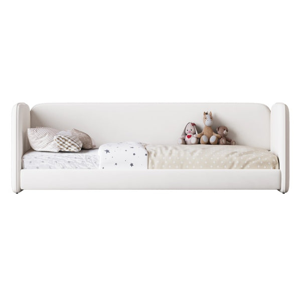 English Elm Twin Velvet Upholstered Floor Bed with Wraparound Rails and Padded Headboard N733S436927A