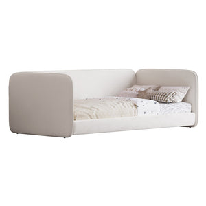 English Elm Twin Velvet Upholstered Floor Bed with Wraparound Rails and Padded Headboard N733S436927A