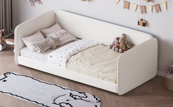 English Elm Twin Velvet Upholstered Floor Bed with Wraparound Rails and Padded Headboard N733S436927A
