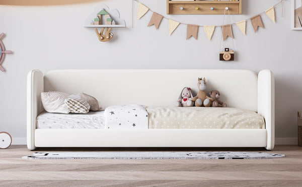 English Elm Twin Velvet Upholstered Floor Bed with Wraparound Rails and Padded Headboard N733S436927A