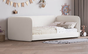 English Elm Twin Velvet Upholstered Floor Bed with Wraparound Rails and Padded Headboard N733S436927A
