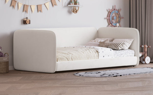 English Elm Twin Velvet Upholstered Floor Bed with Wraparound Rails and Padded Headboard N733S436927A
