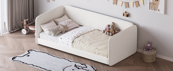 English Elm Twin Velvet Upholstered Floor Bed with Wraparound Rails and Padded Headboard N733S436927A