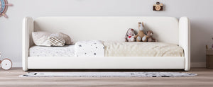 English Elm Twin Velvet Upholstered Floor Bed with Wraparound Rails and Padded Headboard N733S436927A
