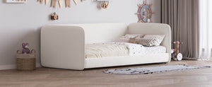 English Elm Twin Velvet Upholstered Floor Bed with Wraparound Rails and Padded Headboard N733S436927A