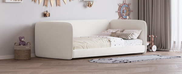 English Elm Twin Velvet Upholstered Floor Bed with Wraparound Rails and Padded Headboard N733S436927A