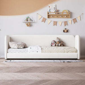 English Elm Twin Velvet Upholstered Floor Bed with Wraparound Rails and Padded Headboard N733S436927A