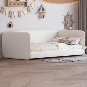 English Elm Twin Velvet Upholstered Floor Bed with Wraparound Rails and Padded Headboard N733S436927A