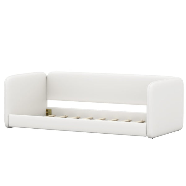 English Elm Twin Velvet Upholstered Floor Bed with Wraparound Rails and Padded Headboard N733S436927A