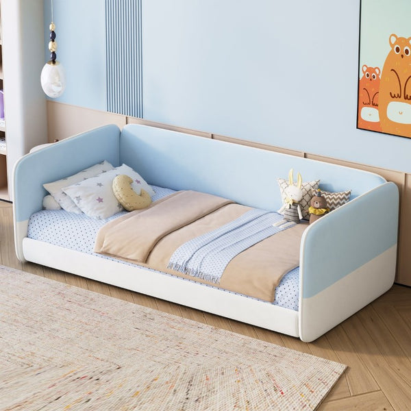 English Elm Twin Montessori Floor Bed Upholstered Platform with Wraparound Padded Rails Low Profile Blue Velvet N733S436927C