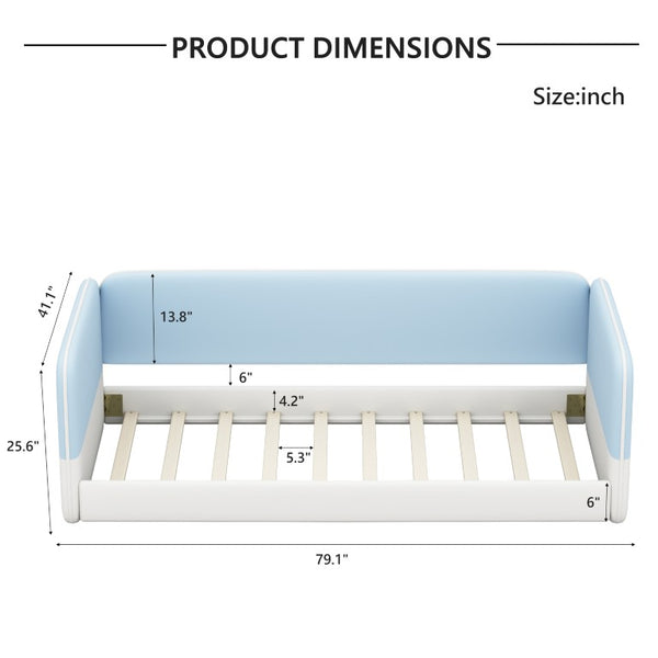 English Elm Twin Montessori Floor Bed Upholstered Platform with Wraparound Padded Rails Low Profile Blue Velvet N733S436927C