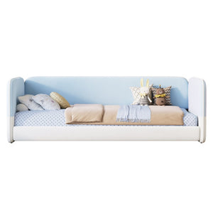 English Elm Twin Montessori Floor Bed Upholstered Platform with Wraparound Padded Rails Low Profile Blue Velvet N733S436927C