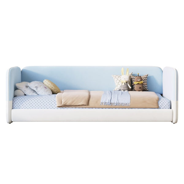 English Elm Twin Montessori Floor Bed Upholstered Platform with Wraparound Padded Rails Low Profile Blue Velvet N733S436927C