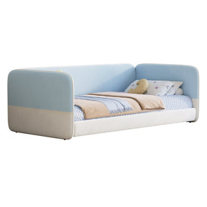 English Elm Twin Montessori Floor Bed Upholstered Platform with Wraparound Padded Rails Low Profile Blue Velvet N733S436927C