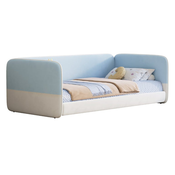 English Elm Twin Montessori Floor Bed Upholstered Platform with Wraparound Padded Rails Low Profile Blue Velvet N733S436927C