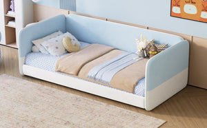 English Elm Twin Montessori Floor Bed Upholstered Platform with Wraparound Padded Rails Low Profile Blue Velvet N733S436927C