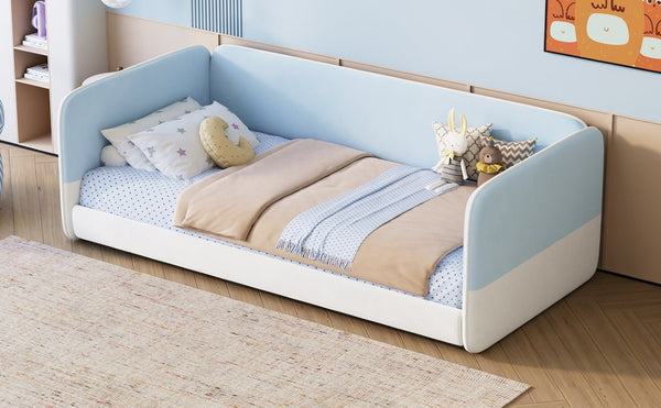 English Elm Twin Montessori Floor Bed Upholstered Platform with Wraparound Padded Rails Low Profile Blue Velvet N733S436927C