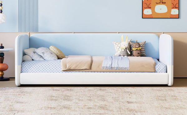 English Elm Twin Montessori Floor Bed Upholstered Platform with Wraparound Padded Rails Low Profile Blue Velvet N733S436927C