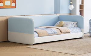 English Elm Twin Montessori Floor Bed Upholstered Platform with Wraparound Padded Rails Low Profile Blue Velvet N733S436927C