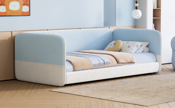 English Elm Twin Montessori Floor Bed Upholstered Platform with Wraparound Padded Rails Low Profile Blue Velvet N733S436927C