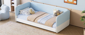 English Elm Twin Montessori Floor Bed Upholstered Platform with Wraparound Padded Rails Low Profile Blue Velvet N733S436927C