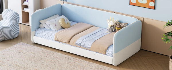 English Elm Twin Montessori Floor Bed Upholstered Platform with Wraparound Padded Rails Low Profile Blue Velvet N733S436927C