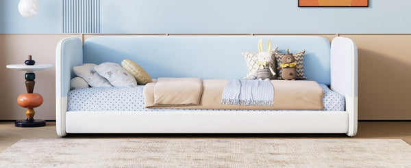 English Elm Twin Montessori Floor Bed Upholstered Platform with Wraparound Padded Rails Low Profile Blue Velvet N733S436927C
