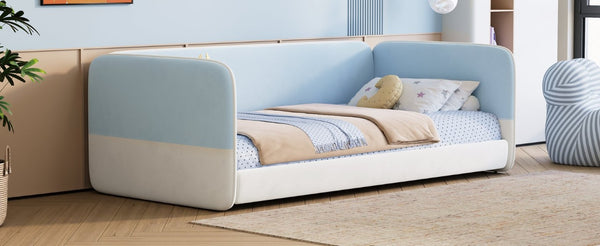 English Elm Twin Montessori Floor Bed Upholstered Platform with Wraparound Padded Rails Low Profile Blue Velvet N733S436927C