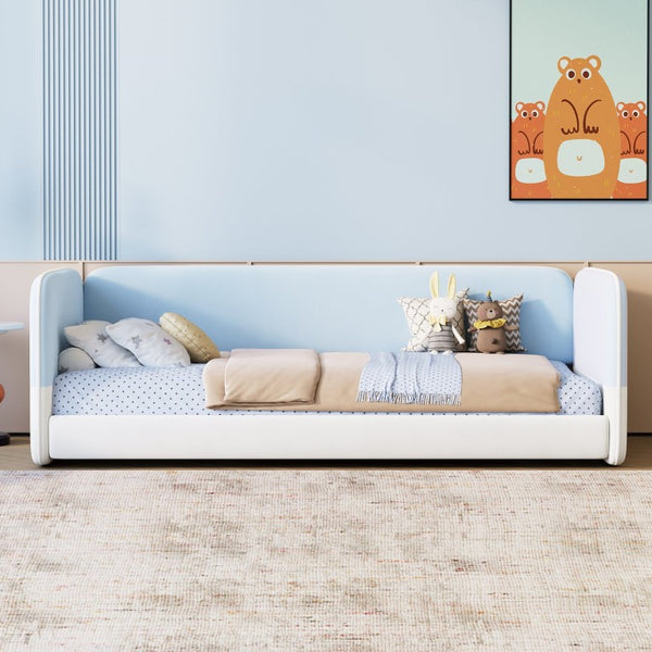 English Elm Twin Montessori Floor Bed Upholstered Platform with Wraparound Padded Rails Low Profile Blue Velvet N733S436927C