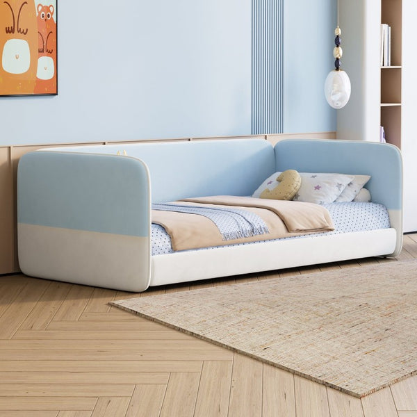 English Elm Twin Montessori Floor Bed Upholstered Platform with Wraparound Padded Rails Low Profile Blue Velvet N733S436927C