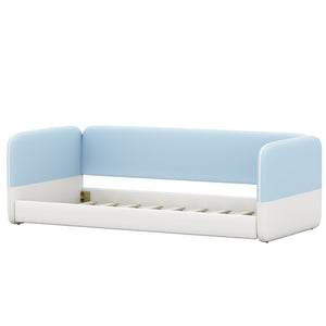 English Elm Twin Montessori Floor Bed Upholstered Platform with Wraparound Padded Rails Low Profile Blue Velvet N733S436927C