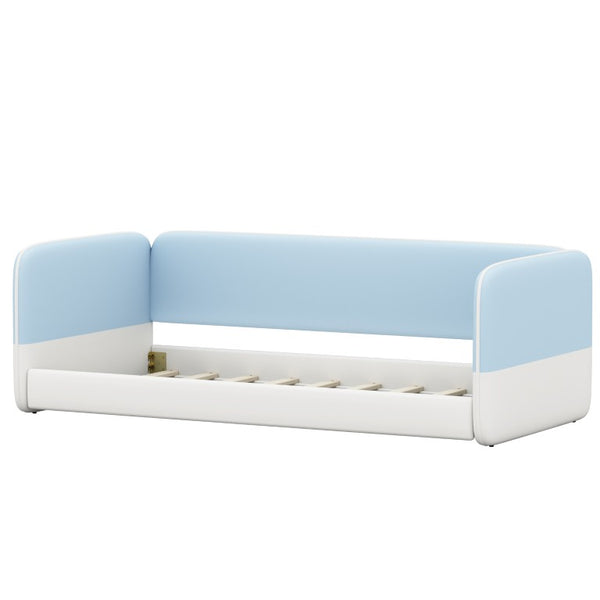 English Elm Twin Montessori Floor Bed Upholstered Platform with Wraparound Padded Rails Low Profile Blue Velvet N733S436927C