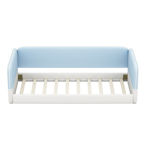 English Elm Twin Montessori Floor Bed Upholstered Platform with Wraparound Padded Rails Low Profile Blue Velvet N733S436927C