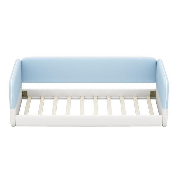 English Elm Twin Montessori Floor Bed Upholstered Platform with Wraparound Padded Rails Low Profile Blue Velvet N733S436927C