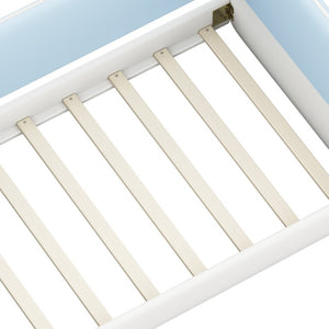 English Elm Twin Montessori Floor Bed Upholstered Platform with Wraparound Padded Rails Low Profile Blue Velvet N733S436927C