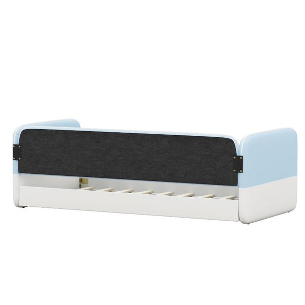 English Elm Twin Montessori Floor Bed Upholstered Platform with Wraparound Padded Rails Low Profile Blue Velvet N733S436927C