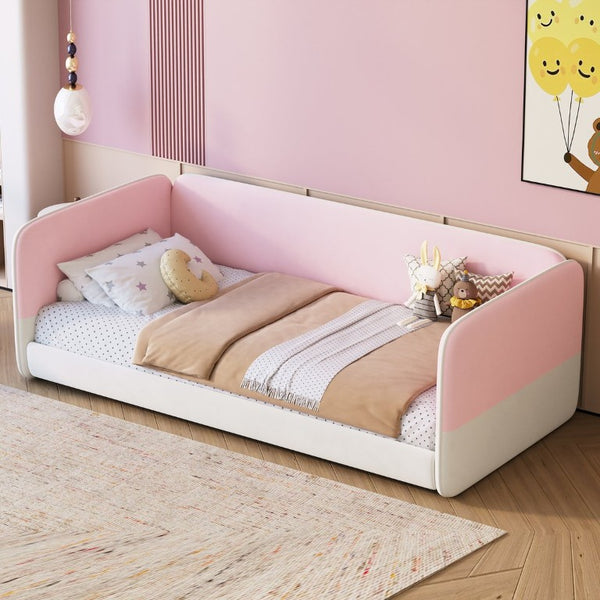 English Elm Twin Velvet Platform Floor Bed with Wraparound Padded Panels and Low Profile Design N733S436927H
