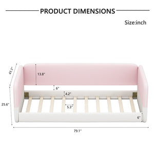 English Elm Twin Velvet Platform Floor Bed with Wraparound Padded Panels and Low Profile Design N733S436927H