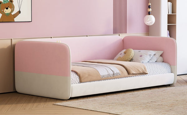 English Elm Twin Velvet Platform Floor Bed with Wraparound Padded Panels and Low Profile Design N733S436927H