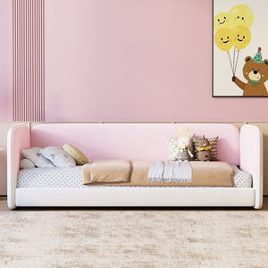 English Elm Twin Velvet Platform Floor Bed with Wraparound Padded Panels and Low Profile Design N733S436927H