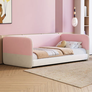 English Elm Twin Velvet Platform Floor Bed with Wraparound Padded Panels and Low Profile Design N733S436927H
