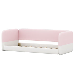 English Elm Twin Velvet Platform Floor Bed with Wraparound Padded Panels and Low Profile Design N733S436927H