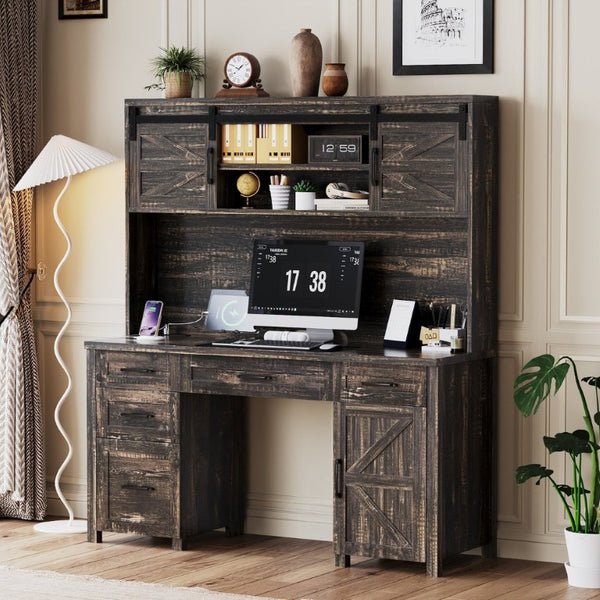 English Elm Farmhouse Executive Desk with Hutch Barn Doors Charging Station and File Storage Gray N733S459652E