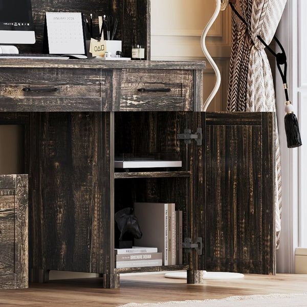 English Elm Farmhouse Executive Desk with Hutch Barn Doors Charging Station and File Storage Gray N733S459652E